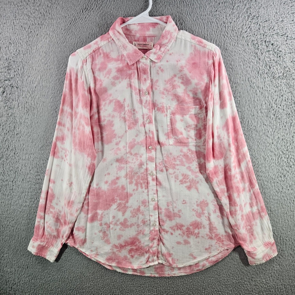 Lucky Brand Pink Tie Dye Button Down Shirt Womens Medium Long‎ Slv Cotton Blend
